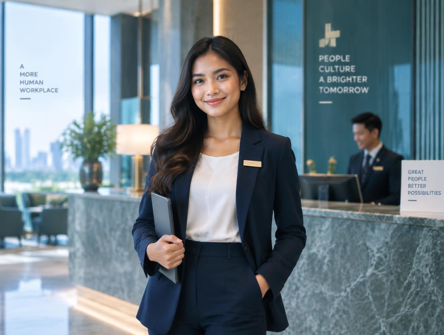 A trained Jobera candidate working at a hotel reception desk